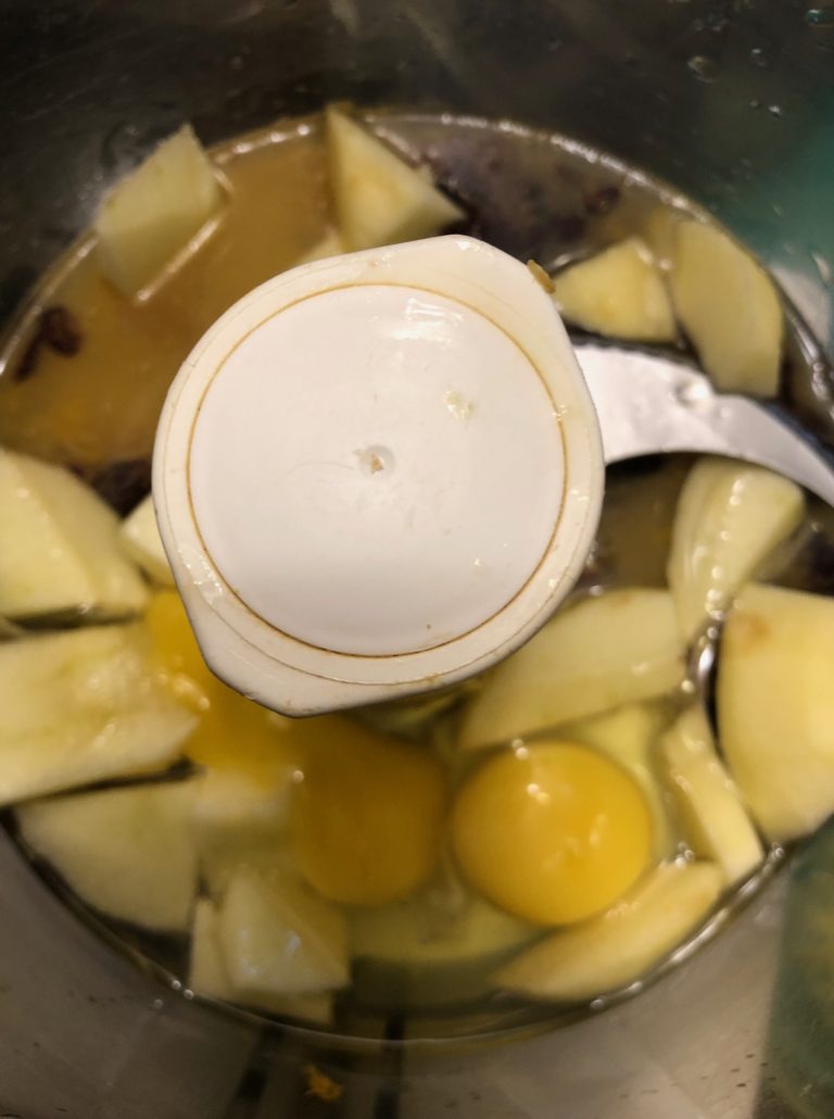 eggs, apple slices, oil, orange juice, crystallized ginger