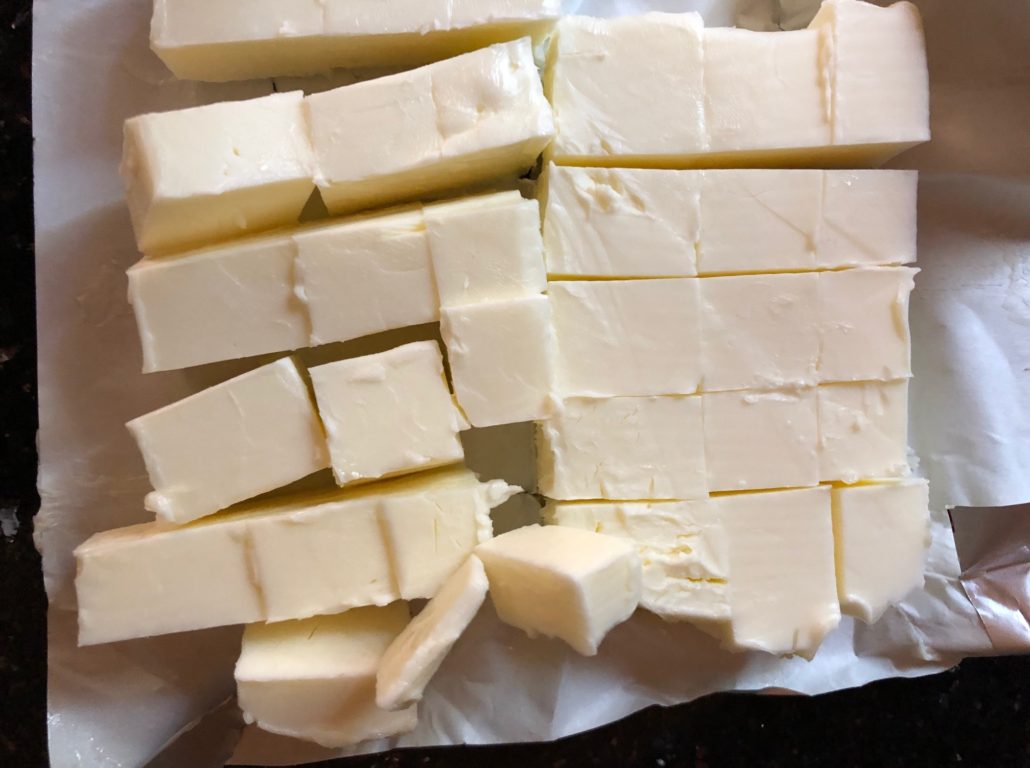 Cold cubed butter for pie crust