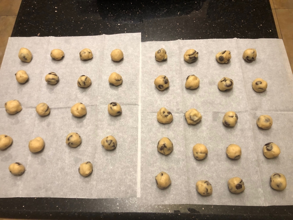 chocolate chip cookie dough scooped with tablespoon scooper