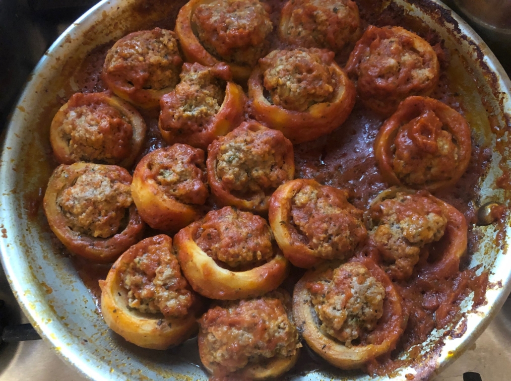 Stuffed artichokes in a pan