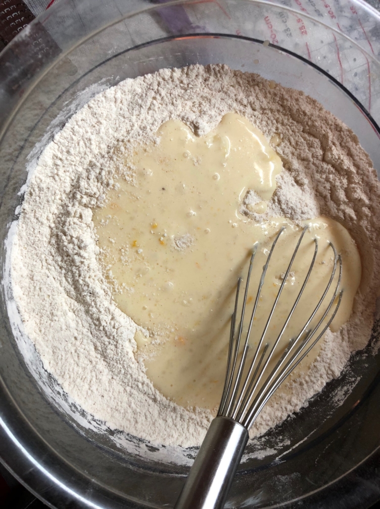 Whisking in liquid to dry ingredients