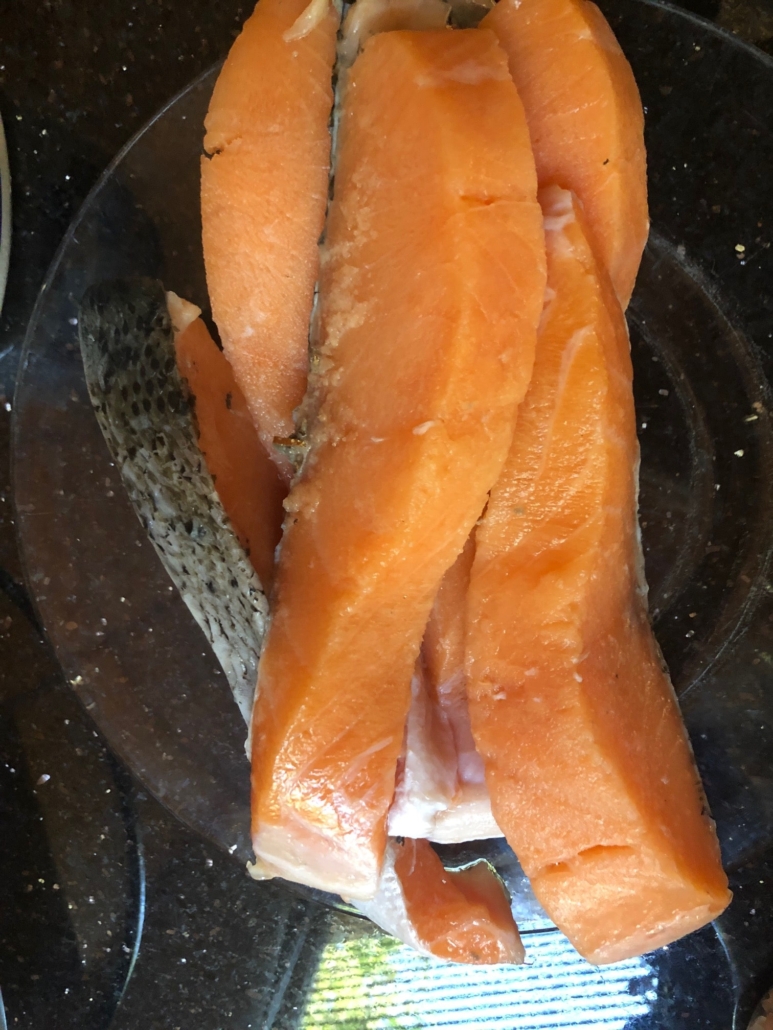 Salmon fillets sliced into appetizer size