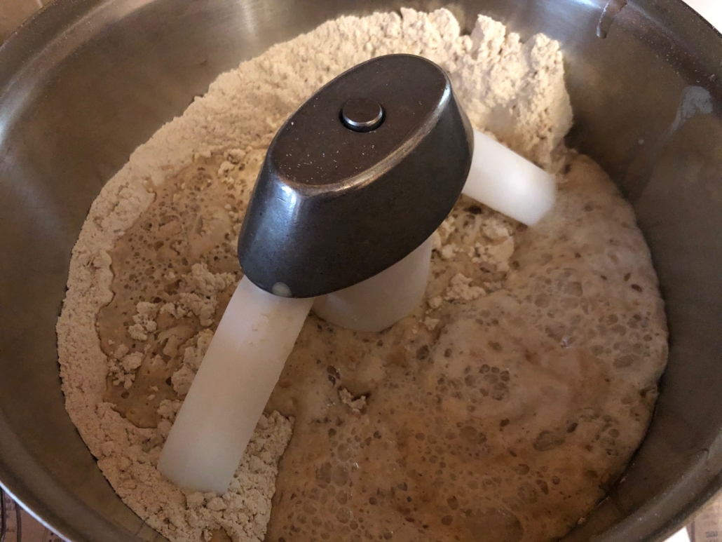 yeast mixture poured into flour mixture