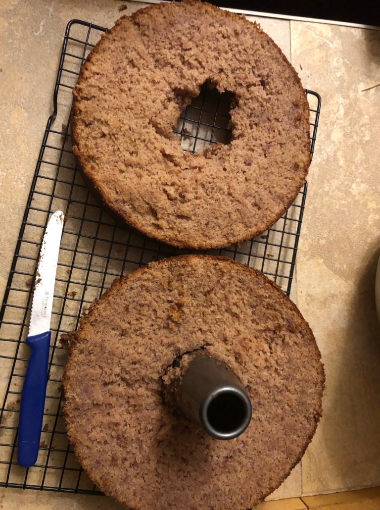 cut halves of tube pan cake