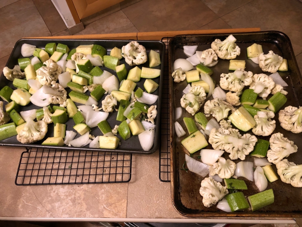 chunked up cauliflower, squash and onion