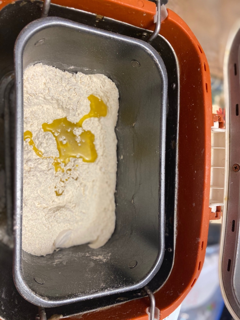 yeast, sugar, flour, salt and olive oil