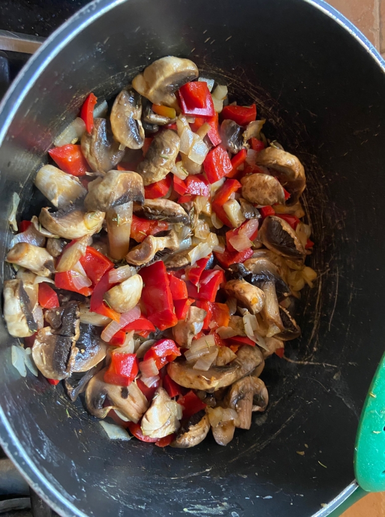 mushrooms, onion and peppers