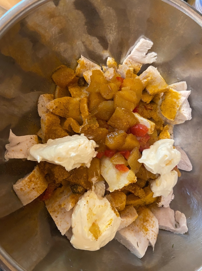 chutney, mayo and curry powder on chicken