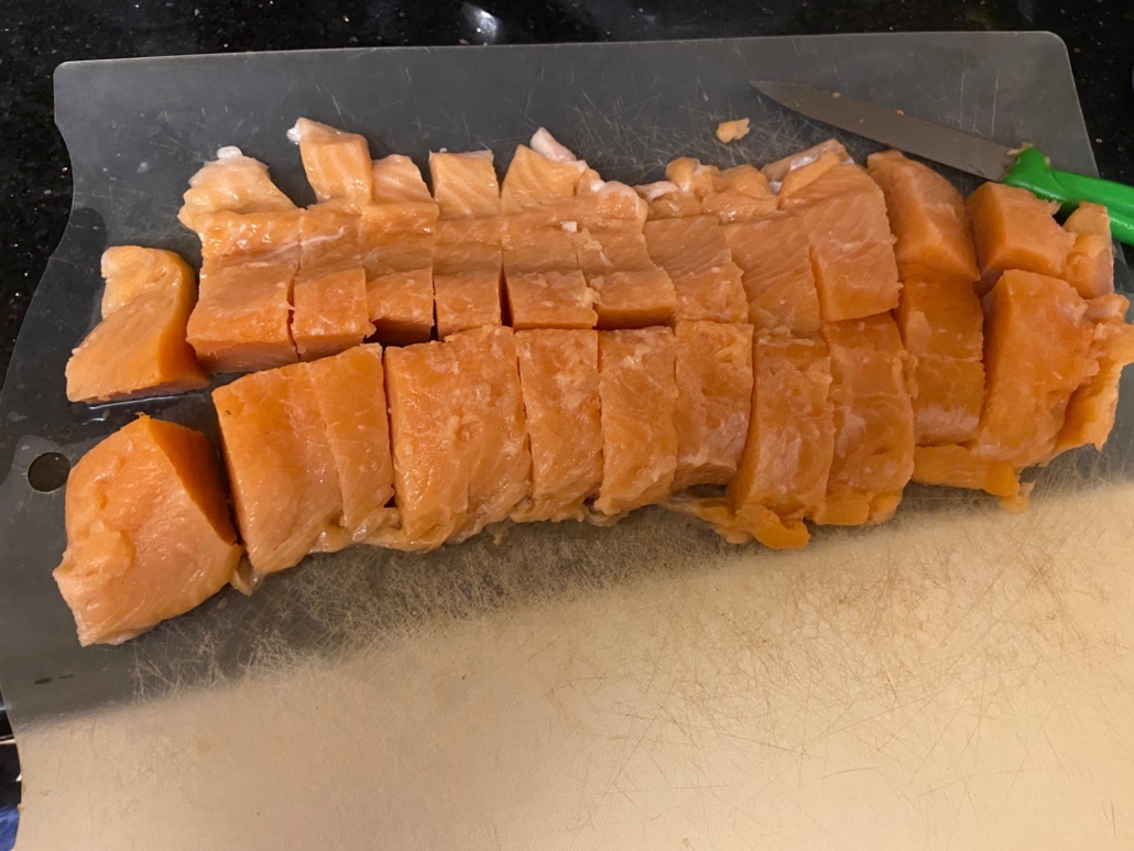 Skinned, chunked salmon