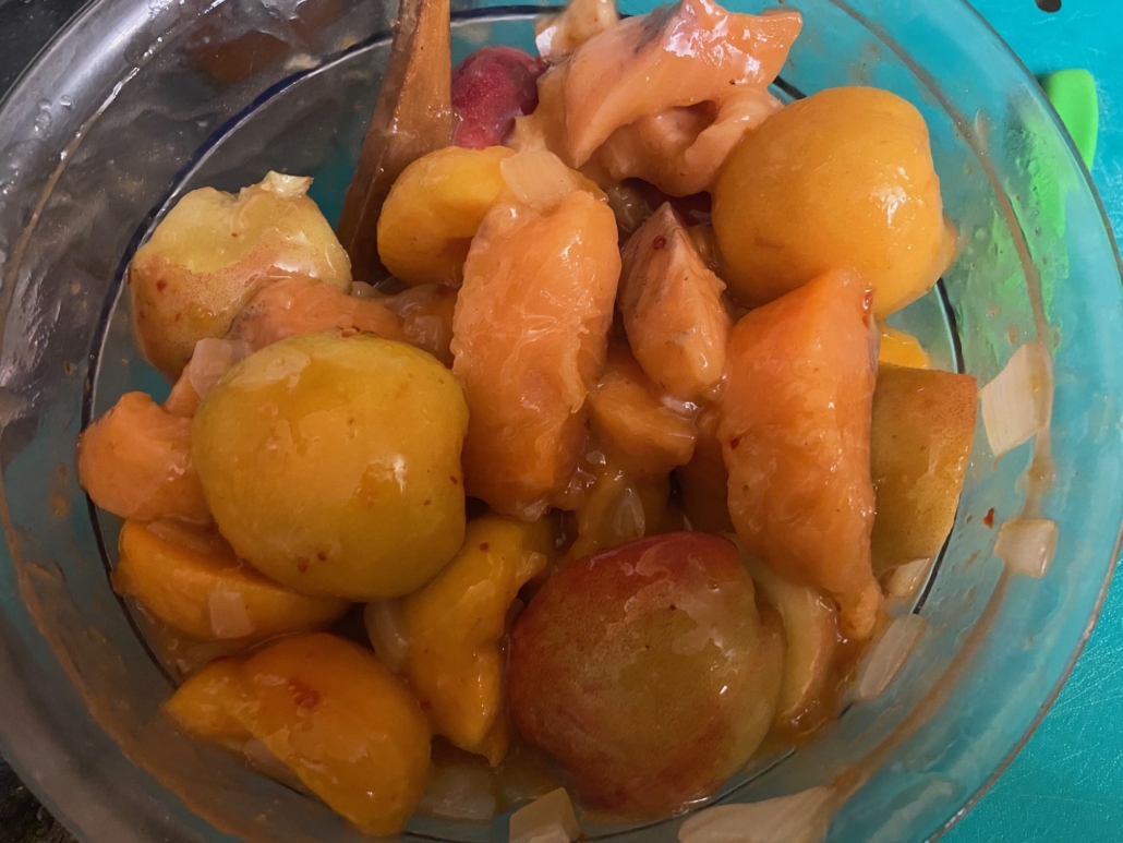 fruit and salmon coated in sauce