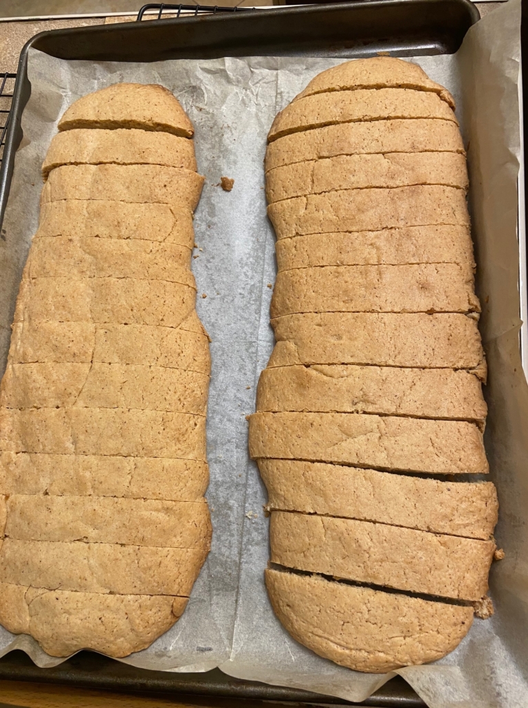 cut biscotti logs, first bake