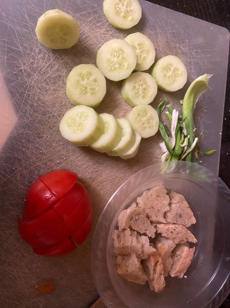 peeled sliced veggies and bread