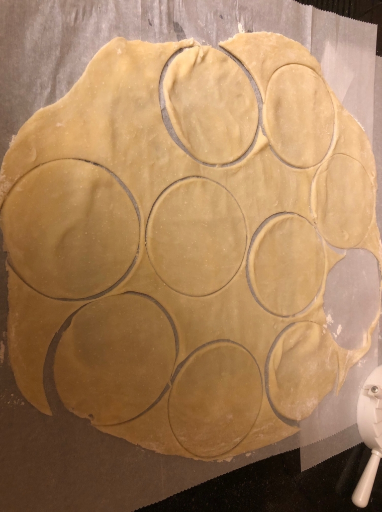 roll out dough in circle and cut out circles