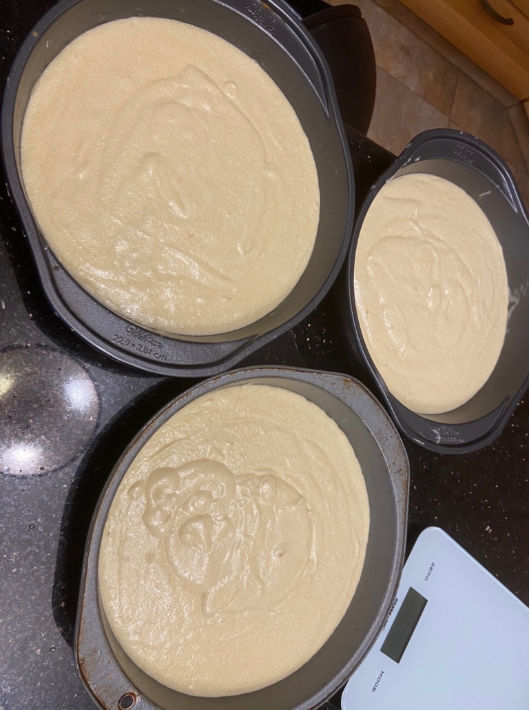 pouring batter evenly in pans