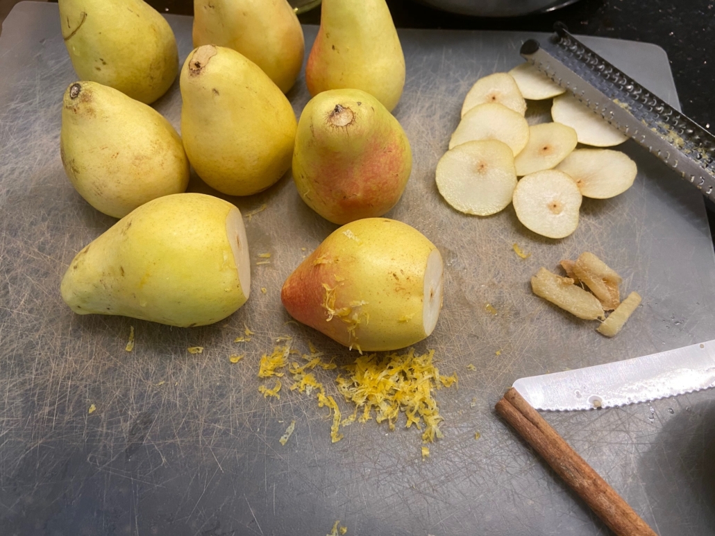 washed pears with their bottoms cut off thinly