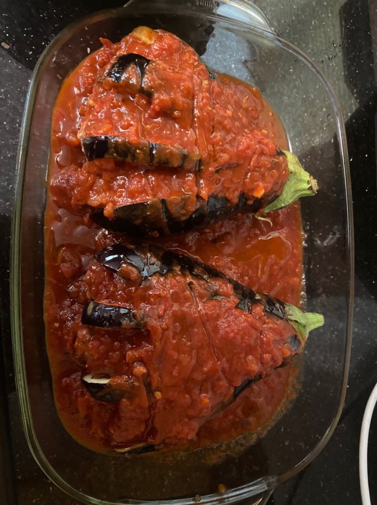 stuffed eggplants ready for oven