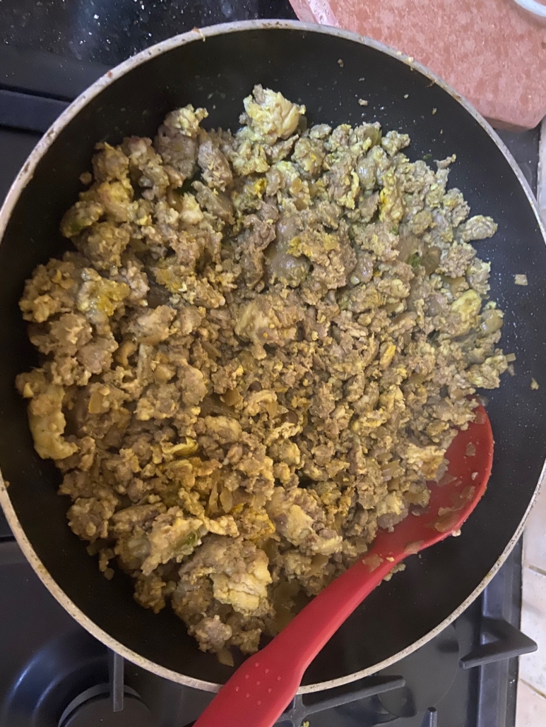 chopping and frying the meat filling