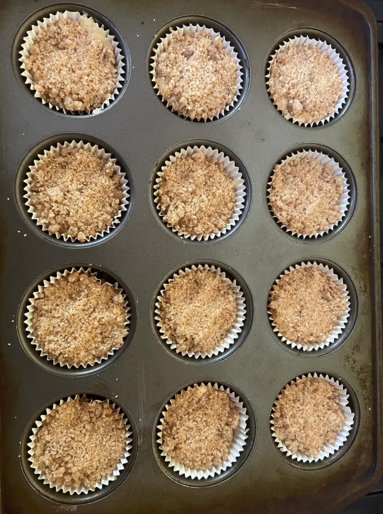 crumb topping gently pressed into batter