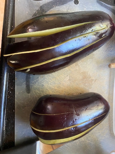 slice eggplants lengthwise