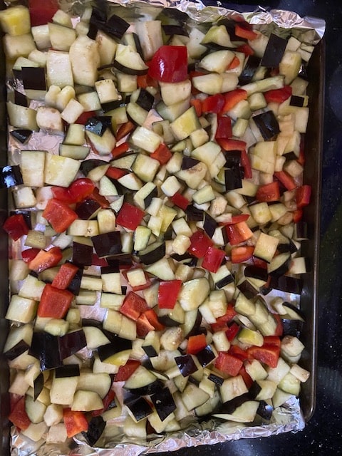 eggplant and bell pepper ready for the oven