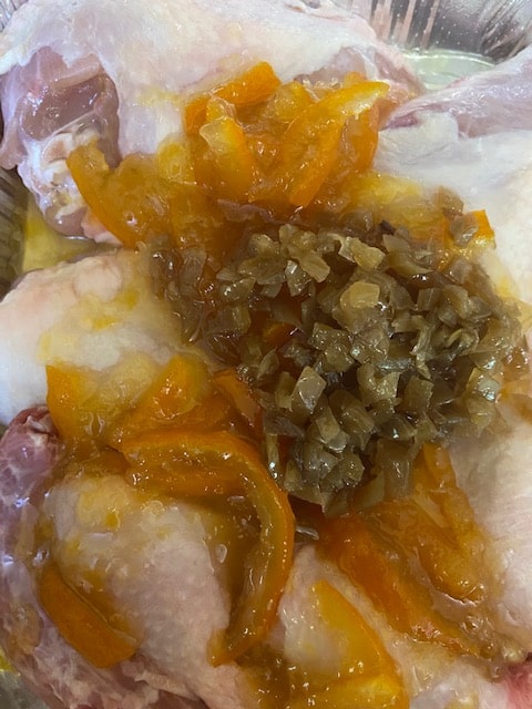 mushing the marmalade and caramelized onions