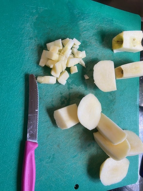 chopping up the apples