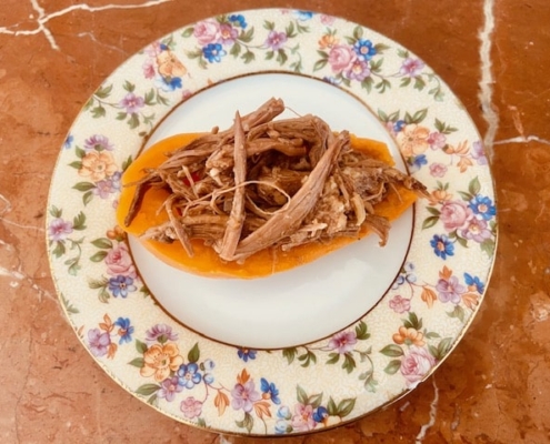 Pulled brisket in sweet potato boats