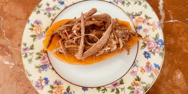 Pulled brisket in sweet potato boats