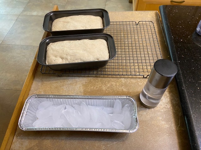 dough in pans with water mister and ice