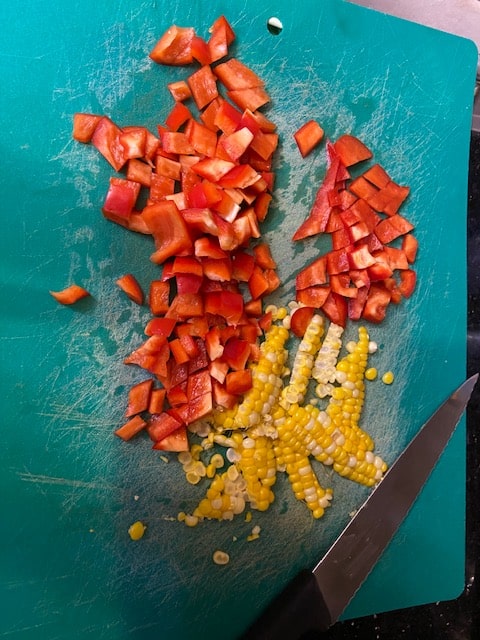 chopped pepper and sliced off cob corn