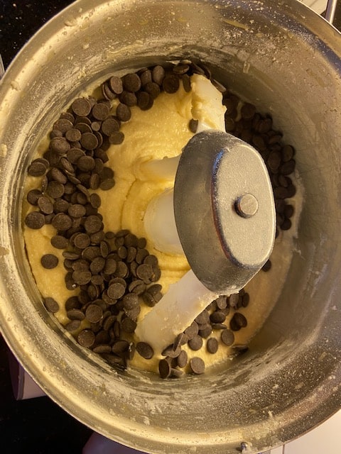 chocolate chips sitting on batter