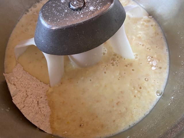 apple mixture over dry ingredients