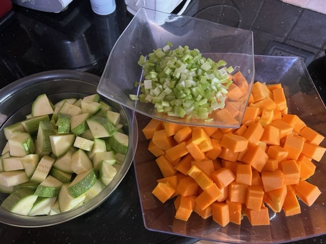 cube the pumpkin, squash and celery