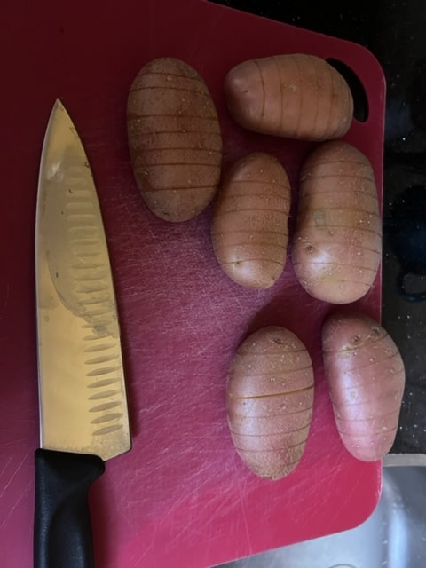 evenly spaced slices in the potatoes 