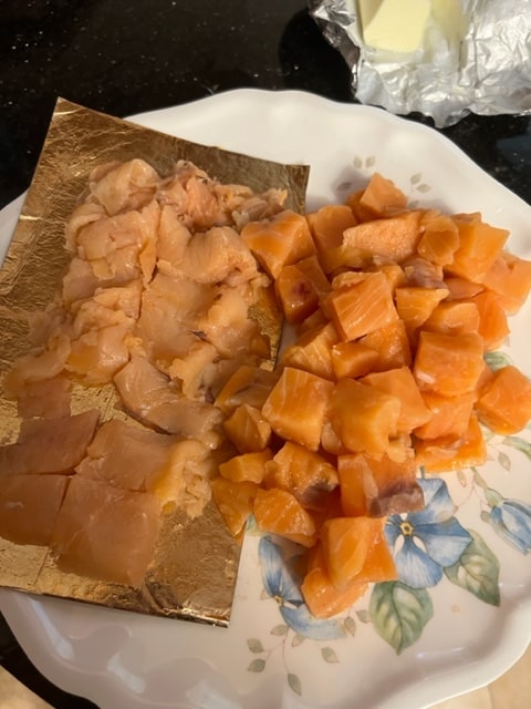 prepared cubed smoked and regular salmon