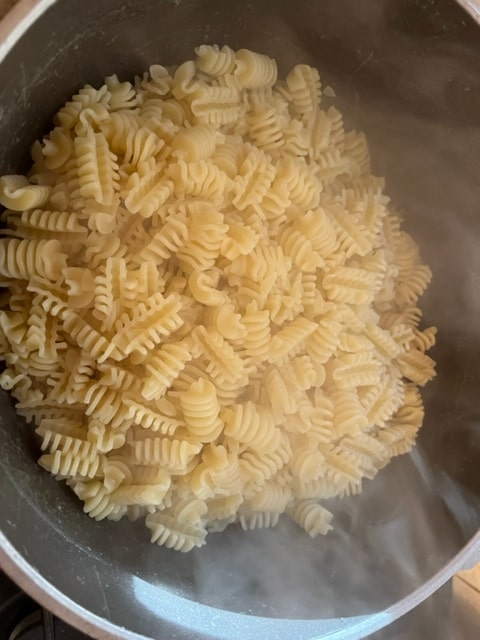 drained pasta in pot