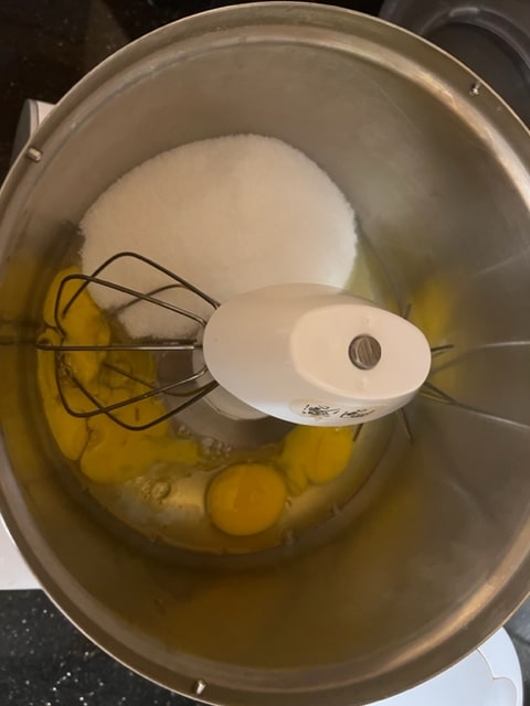 eggs and sugar in mixer