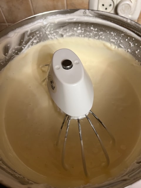 yolks beaten with sugar (note egg white leftovers on sides)