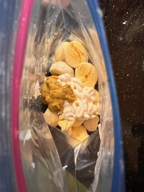 put mayo and mustard right on top of yolks