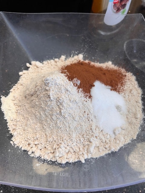 mixing the flours, cocoa and salt