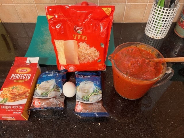 gathering the lasagna ingredients