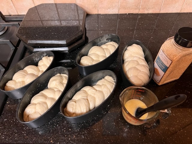 brush tops of braided challahs with egg wash or substitute