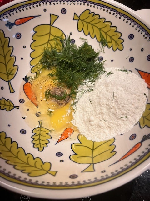 eggs, flour and chopped dill