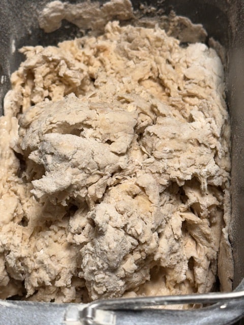 shaggy mixture, a bit dry, add more water SLOWLY