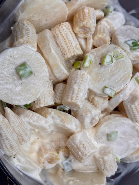 add the mayo, salt and pepper