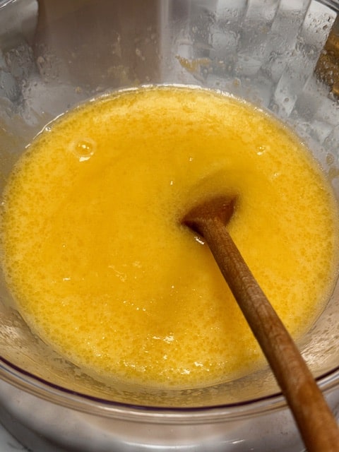 Add juice and eggs to dry ingredients