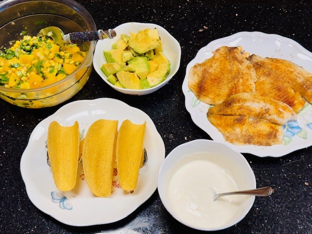 salsa, fish, topping, avocado and corn tacos