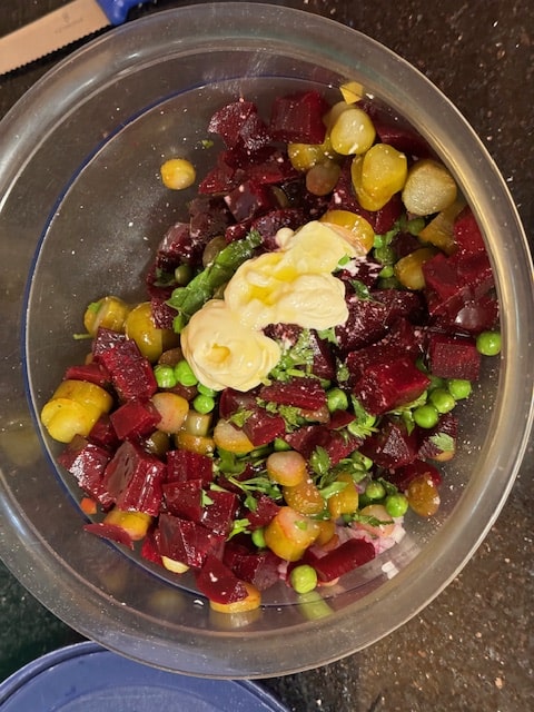 add the oil and mayo, salt and pepper