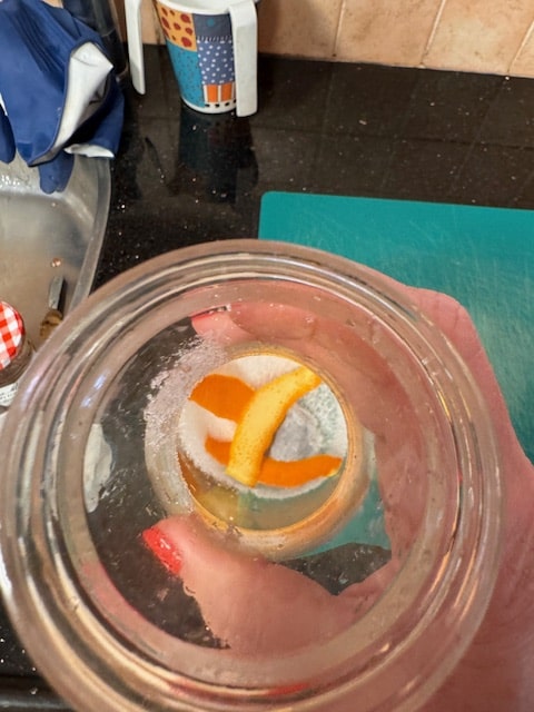put the sugar, tea bags and orange peel in the container