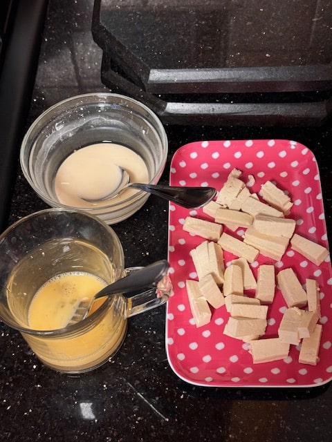 beaten egg, cornstarch and water & cubed tofu